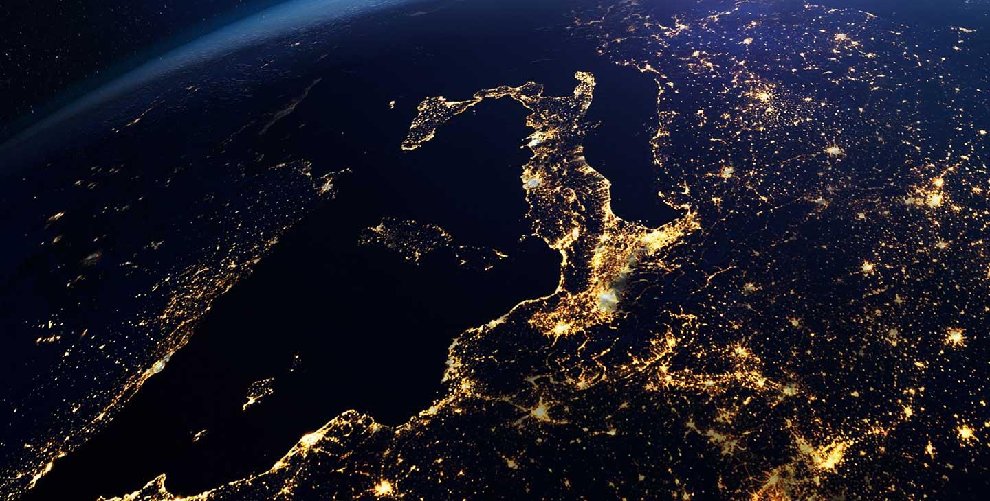 A view from space of the  new ViaSat-3 constellation bringing high-speed, global connetiivity to people and places around the world